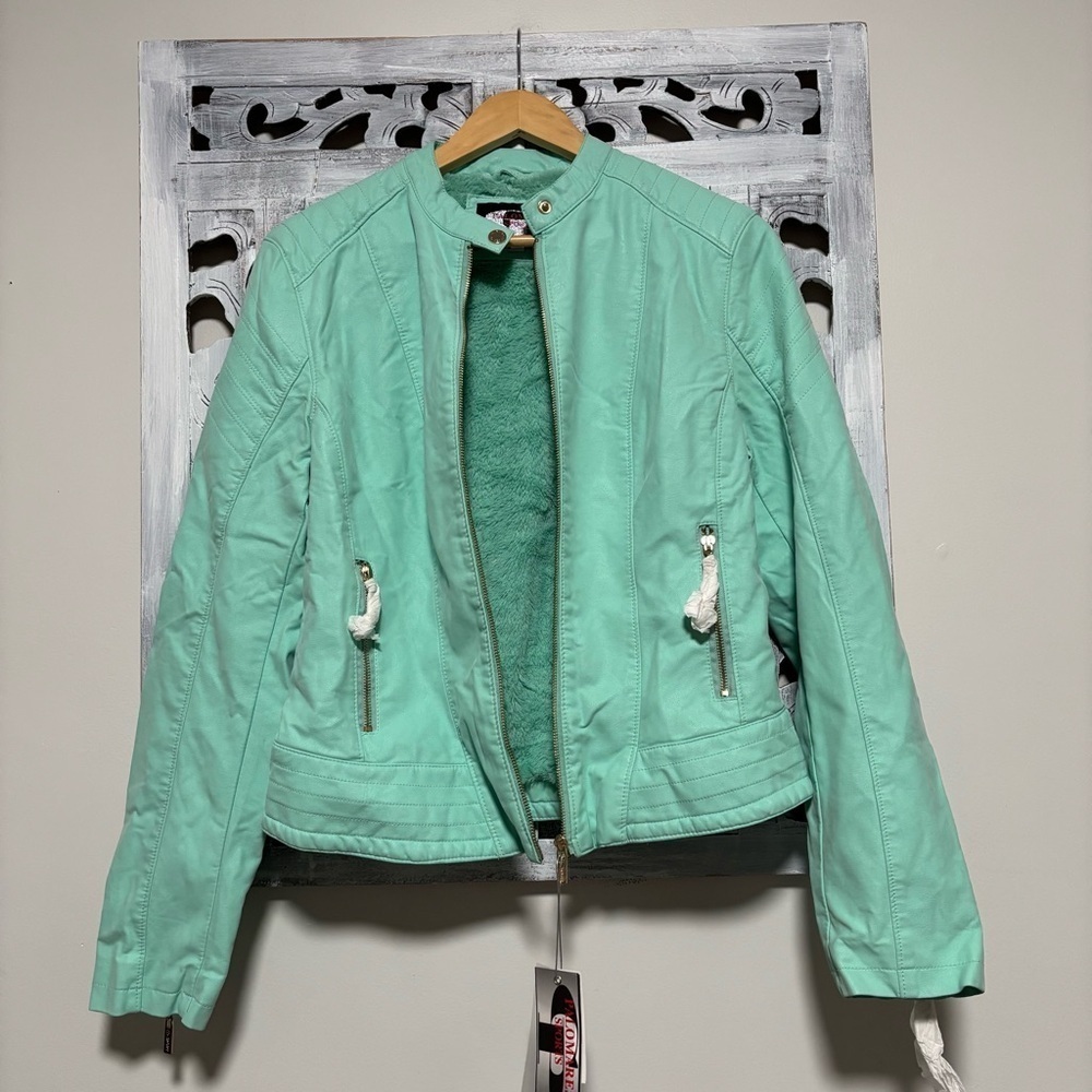NEW Palomares Mint Green Faux Leather Faux Fur Lined Moto Zip Up Jacket